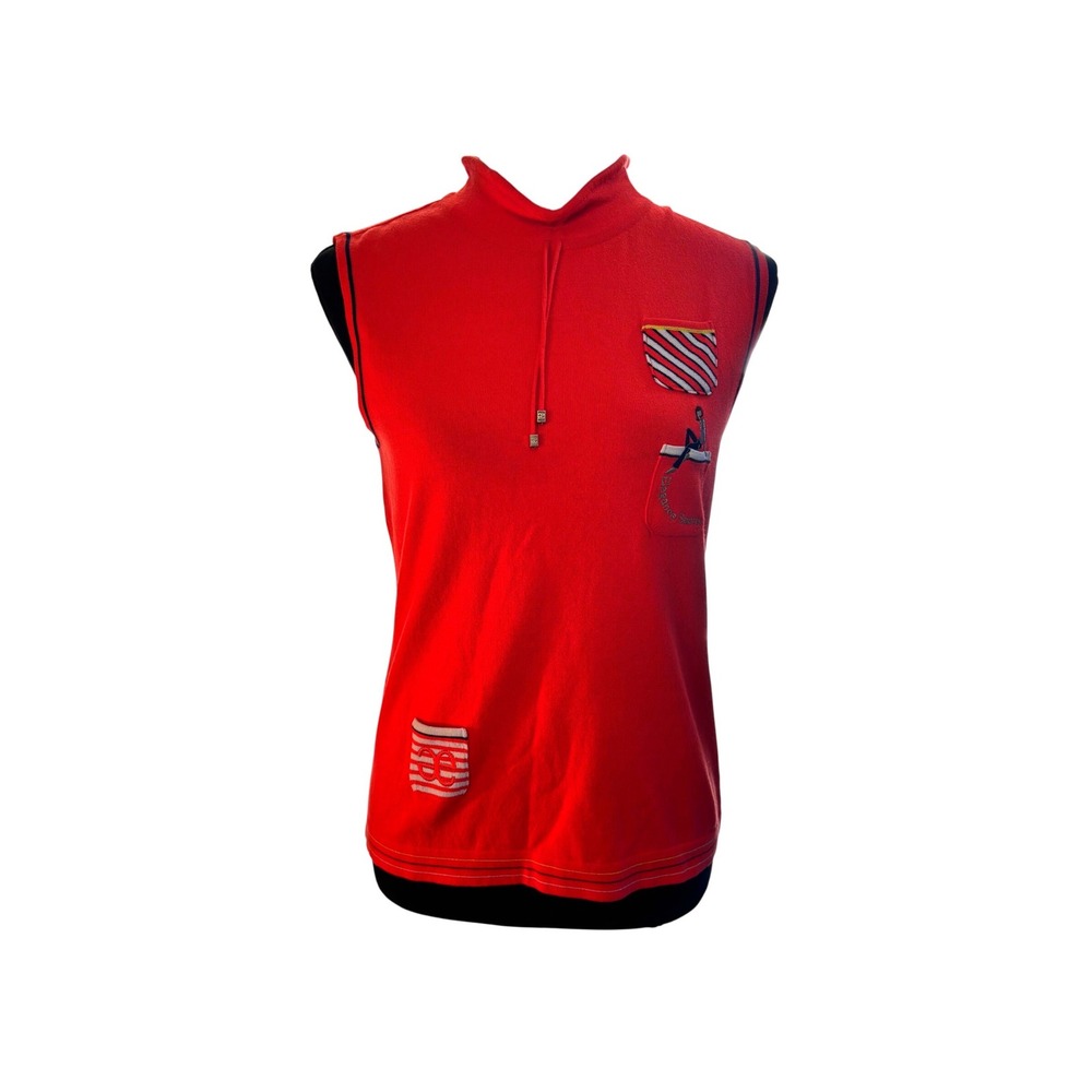 Elegance Sports Paris Womens Red Sleeveless Mock‎ Neck Knit Top Graphic Pockets